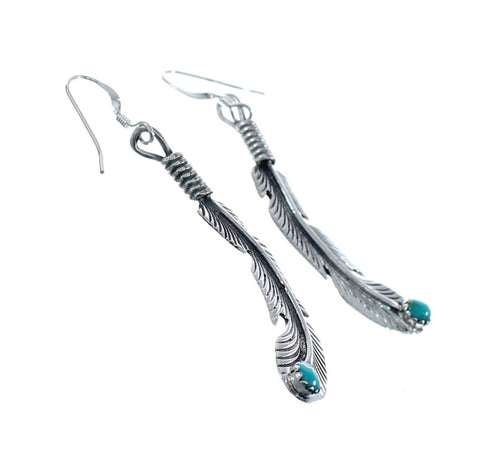 Native American Turquoise Sterling Silver Feather Hook Dangle Earrings NX11508